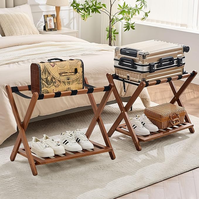 Fully Assembled Walnut Luggage Racks Set of 2, Bamboo Luggage Rack Stand for Guest Room, 5 Nylon Straps, 26.77" Folding Suitcase Stand with Storage Shelf for Bedroom Hotel, Holds up to 165 Lbs