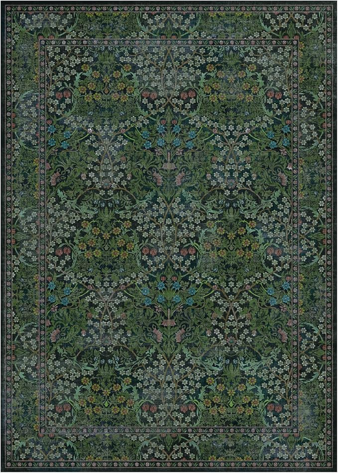 Lessymo Floral Living Room Rug 5x7 Area Rug, Vintage Forest Washable Rugs for Dining Room, Bedroom, Low Pile Non Slip Rubber Green Mat, Vintage Distressed Boho Flower Print, Forest Green