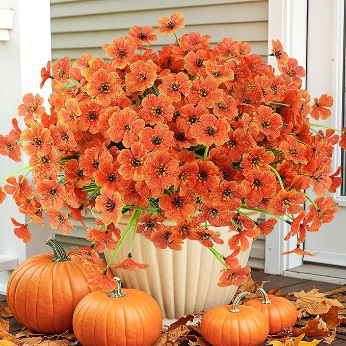 MACTING Artificial Fall Flowers for Outdoors 12 Bundles Faux Mums Plants Fake Silk Outdoor Flowers UV Resistant No Fade for Planters Front Door Porch Patio Outside Thanksgiving Autumn Decor,Orange