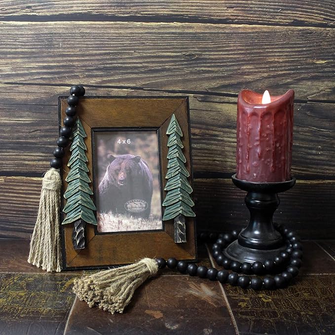 CVHOMEDECO. Wood Beads Garland with Tassels Farmhouse Rustic Wooden Prayer Bead String Wall Hanging Accent for Home Festival Decor. Black