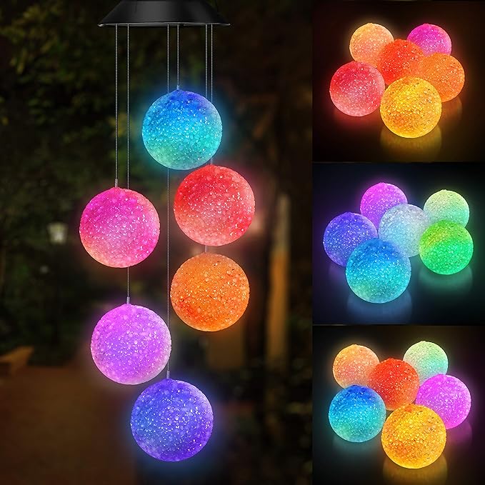 Color Changing Solar Power Wind Chime Spiral Spinner Crystal Ball Wind Mobile Portable Waterproof Outdoor Decorative Romantic Wind Bell Light for Patio Yard Garden Home (Crystal Ball)