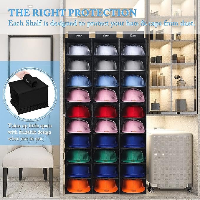 VAESIDA Hat Rack for Closet, 10 Shelf Hanging Hat Organizer for Baseball Caps Storage, Hat Holder Organizer for Hat Display, Best Space Saving Hat Racks for Baseball Cap Organizer, Black