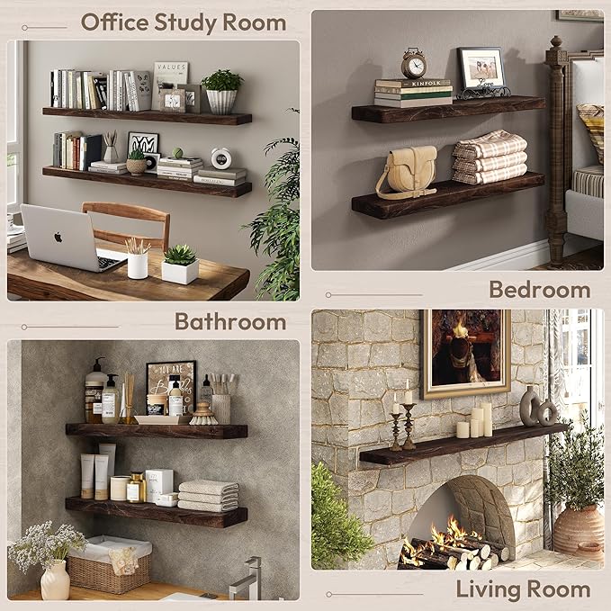 Marsmiles 48 inch Floating Shelves for Wall Solid Elm Wood Wall Mounted Shelves|Rustic Long Floating Shelves with Invisible Bracket for Bathroom Kitchen|Rounded Edge|Walnut, 1 Pack