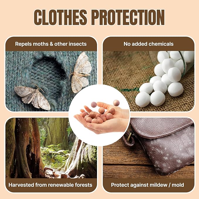 50 Cedar Balls for Clothes - Fresh Smell for Closets and Drawers - Protection for Garments - Cedarwood Closet Freshener & Protects from Moths - Wood Block for Drawer & Storage