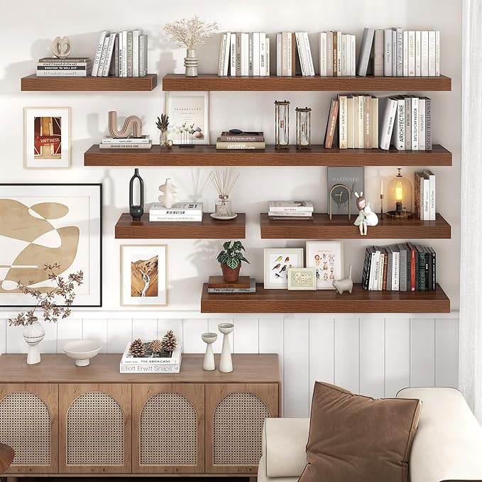 Venusmiles Floating Shelves for Wall, 36" W x 12" D x 2" H, 2 Pack of Long Wall Mounted Engineered Wood Shelves with Invisible Brackets for Living Room, Bedroom, Bathroom, Kitchen Decor, Walnut