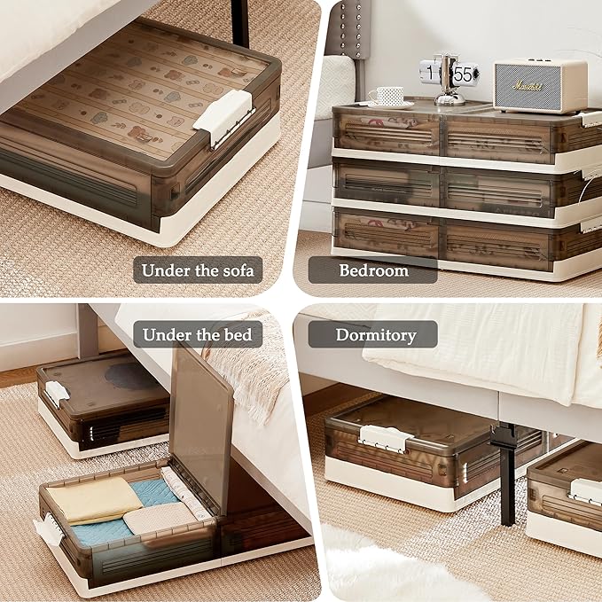 VECELO Under Bed Storage with Wheels, 2 Pack Stackable Under Bed Storage Containers, Underbed Storage Containers with Lids, Plastic Foldable Folding Box for Clothes Shoes, Grey