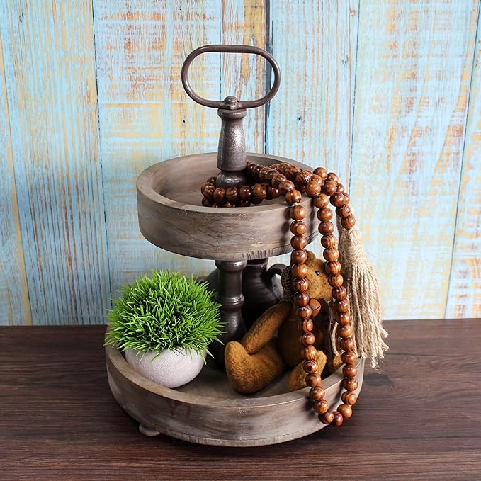 CVHOMEDECO. Wood Grain Beads Garland with Tassels Farmhouse Rustic Wooden Prayer Bead String Wall Hanging Accent for Home Festival Decor. Dark Tan