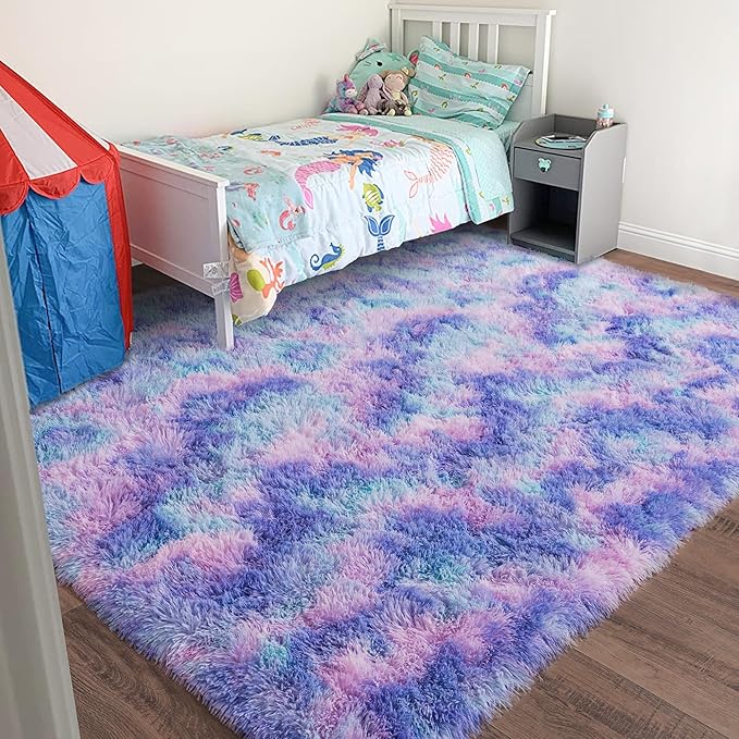 Rugs for Living Room 6x9, Soft Shaggy Modern Shag Area Rug for Bedroom, Upgrade Non-Slip Plush Fluffy Carpet for Kids Boys Girls Room Home Decor Aesthetic, Rainbow Purple