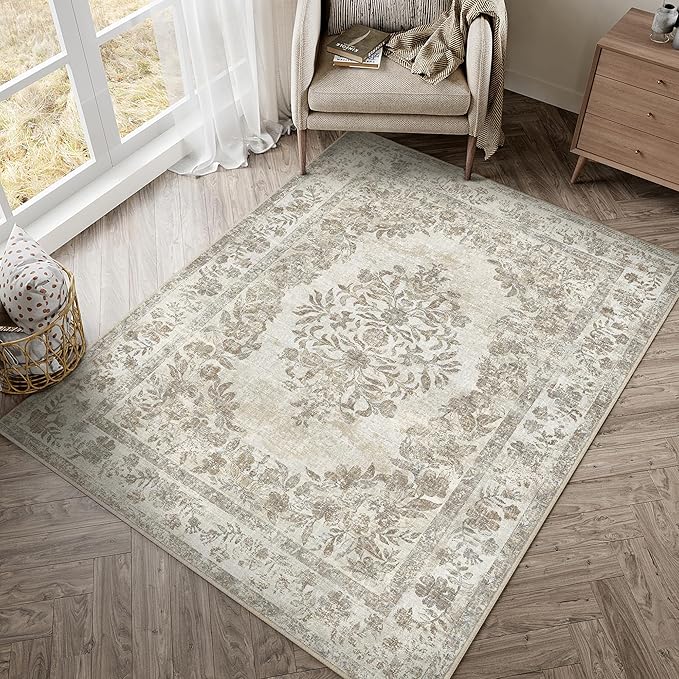 3x5 Area Rug Beige Washable Office Vintage Distressed Carpet Bedroom Indoor Medallion Floral Living Room Non Slip Retro Throw Floor Mat for Dining Room Kitchen Bathroom