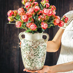 Enra Farmhouse Vintage vase with Handle,9.4 in Ceramic Chinoiserie Floral Vase,Green and Beige Decorative Flower vase,Large Rustic Vases for Home Decors, Living Room, Bookshelf, Office