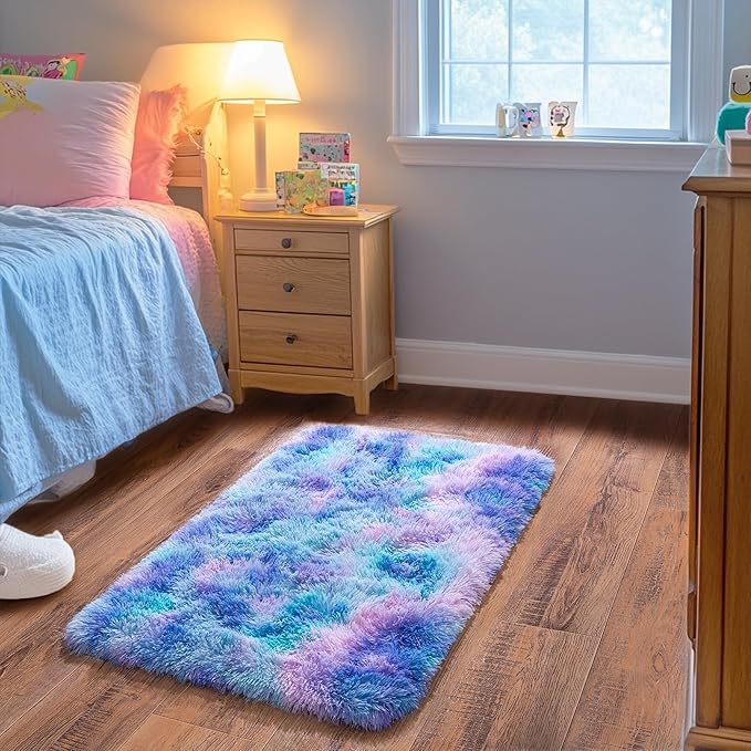 Small Rugs for Bedroom, Fluffy 2x3 Rug Throw Non Slip for Bedside Dorm Kids Room, Plush Comfy Shag Carpet for Home Decor Aesthetic, Rainbow Purple