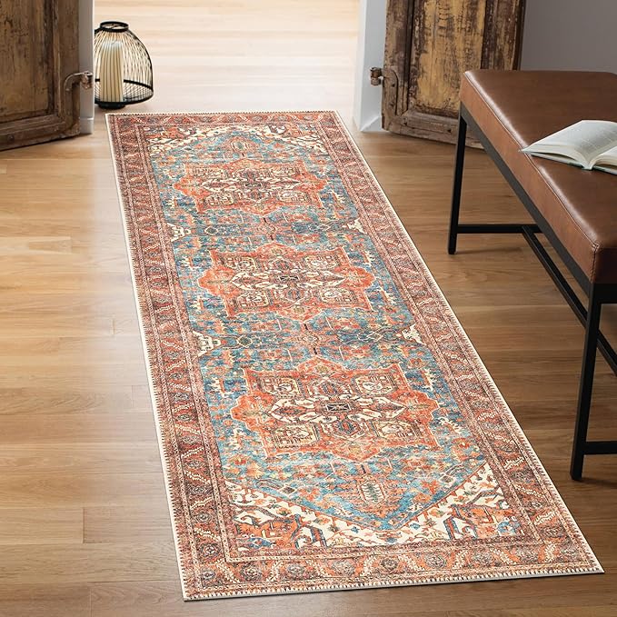 Keen Home Design 2x12 Rug - Machine Washable Runner with Non-Slip Backing, Ideal for Hallway, Entryway, Kitchen, Laundry Room - Vintage, Easy Clean, Durable, Low Pile Rug - (2'6" x 12')