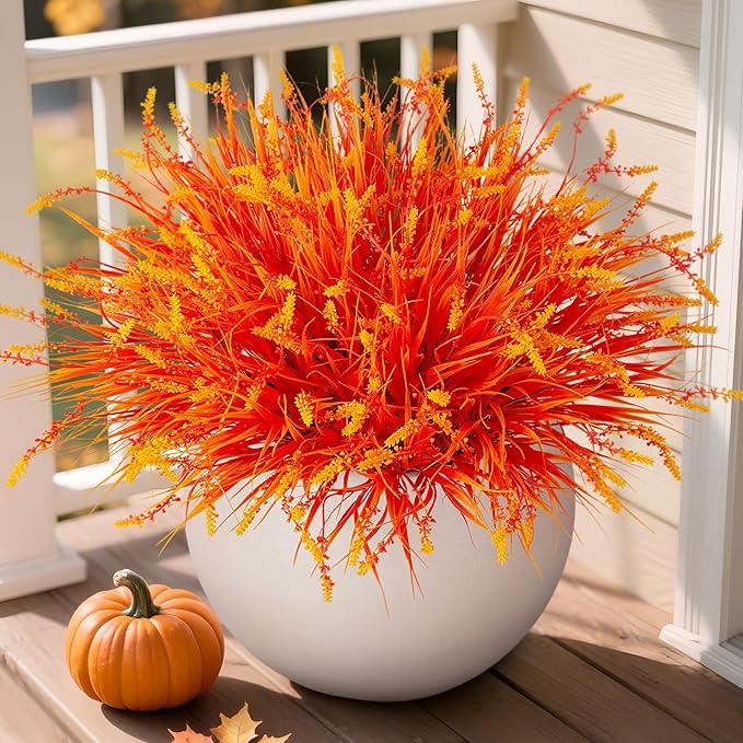 Artificial Fake Plants Flowers for Outdoors Fall Decor, 12 Bundles Fall Leaves Faux Lavender Flowers for Autumn Decoration, Fake Shrubs UV Resistant Planter No Fade for Garden Porch Balcony(Orange)