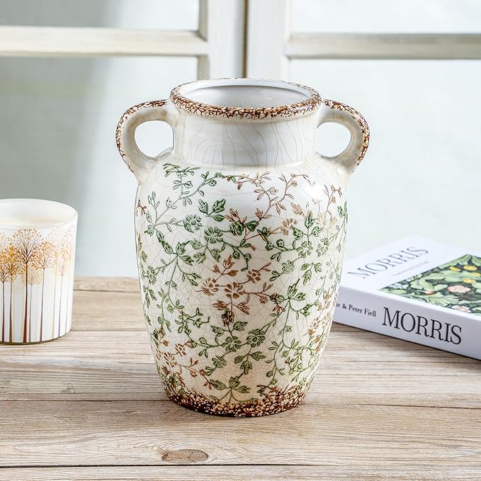 Enra Farmhouse Vintage vase with Handle,9.4 in Ceramic Chinoiserie Floral Vase,Green and Beige Decorative Flower vase,Large Rustic Vases for Home Decors, Living Room, Bookshelf, Office