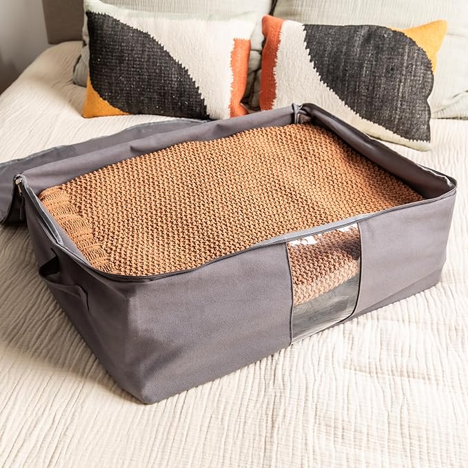 Soft Canvas Storage Bags with Zipper. Thick Breathable, 2pc King/Queen Comforter Organizer. Four Carrying Handles and Window. Large 25x19x9in Bag for Sheets Blankets Bedding Pillows, Clothes (Grey)