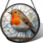 Stained Glass Window Hanging - Orange Grey Robin Sun Catcher for Door Garden Home Decor Bird Lovers Suncatcher Christmas Mother's Day Birthday Gifts for Women Men Mom Nana 9.8 in