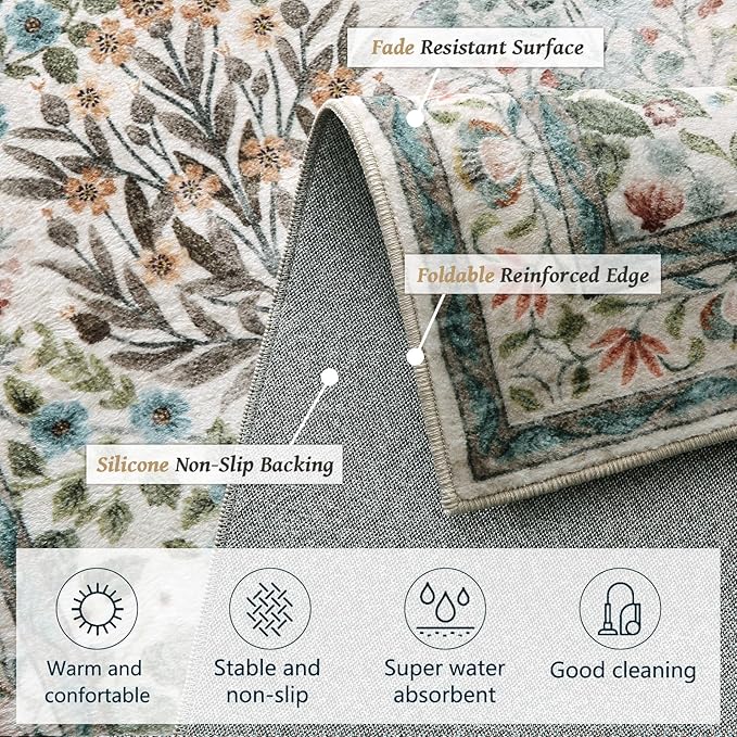Non-Slip Washable Runner Rug 2x6, Beige & Blue Vintage Design for Hallway, Kitchen, Laundry Room & Bathroom