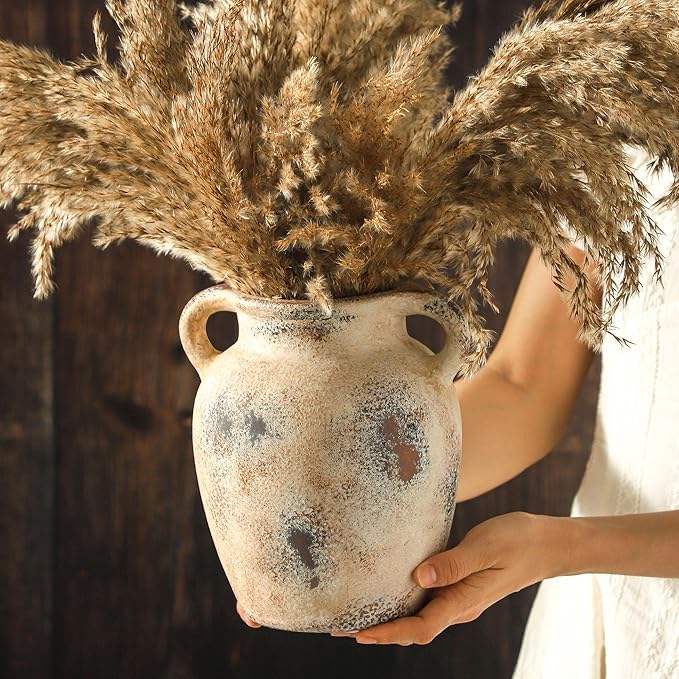 Enra Rustic Farmhouse Vase with Handle,7.8 Inch Pottery Decorative Flower Vase for Home Decor,Large Vintage Terracotta Vase for Table, Living Room, Bathroom Decoration, Shelf Decor, Mantel