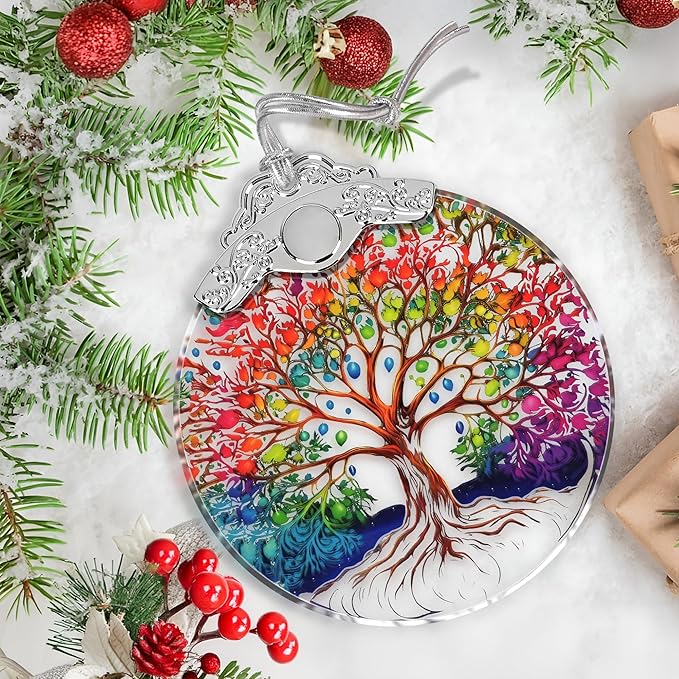 Stained Glass Tree of Life Christmas Ornament - Holiday Home Decor - Gift Exchange Present Ideas
