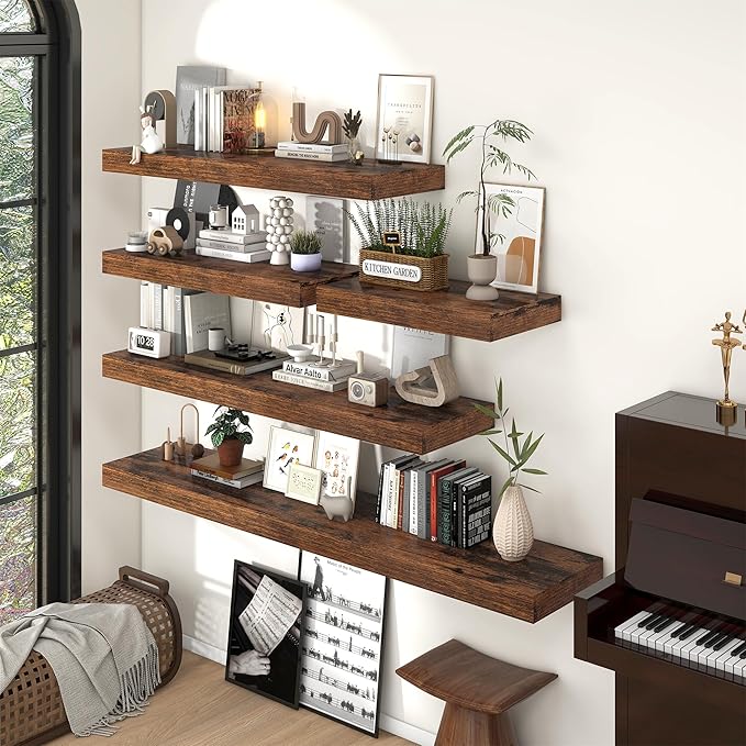 FLYJOE 24 Inch Long Floating Shelves for Wall Set of 1, 12" D Wood Grain Bathroom Shelves with Invisible Brackets, Easy Install Engineered Wood Storage Shelves for Kitchen, Living Room, Bedroom
