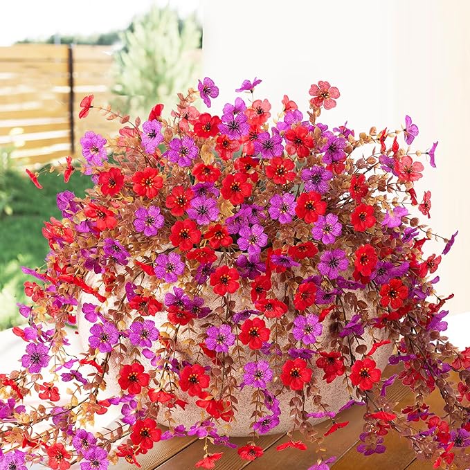 Fall Flowers Artificial for Decoration,Artificial Flowers for Outdoors,Autumn Fake Plants Home Decor Thanksgiving Realistic Silk Daisy,Fall Leaves UV Resistant Garden Courtyard Patio (Red Purple)
