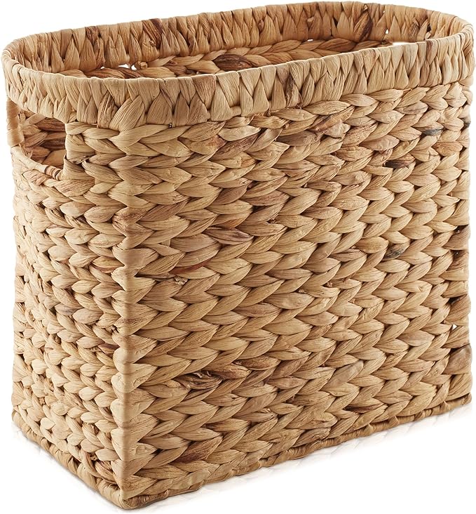 Casafield Woven Magazine Holder with Handles, Natural - Water Hyacinth Storage Basket for Bathroom, Living Room, Home Office