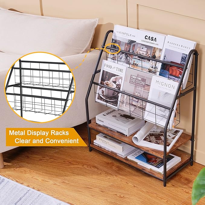VECELO Magazine Holder Floor,2-Tier Metal Magazine Racks, Newspaper Display Stand with Board Shelves for Books and Brochure in Home Office,Shopping Malls,Indoor&Outdoor Place, Retro Brown