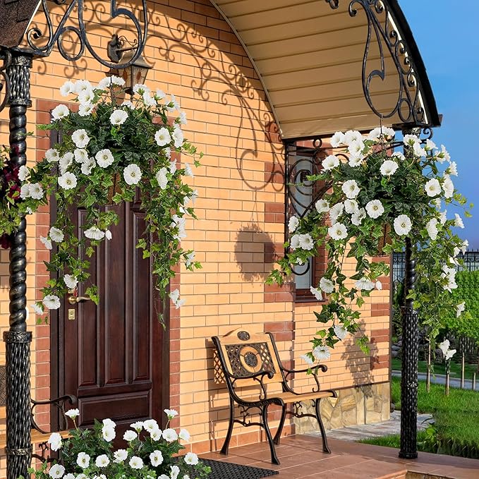 Artificial Flowers Faux Outdoor Plants Artificial Petunias for Outdoors Uv Resistant Fake Petunias Plants Hanging Flower Patio Decor Outside Basket Realistic Silk Plant No Pot(White 2pcs)