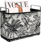 Jungle Theme Magazine Holder - Black & White Embroidered Fabric Magazine Rack Floor, Vintage Faux Leather Newspaper Book Basket Box for Bathroom, Living Room and Toilet (Random Pattern)