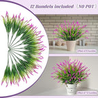 Artificial Flowers Faux Plants for Outdoor Decoration, 12 Bundles Fake Monkey Grass for Home Garden Front Porch Balcony, Lavender Flowers Shrubs UV Resistant No Fade Greenery Bush Planter (Lotus)