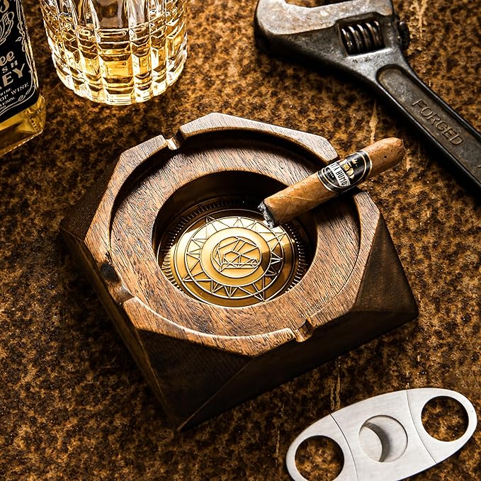 Wooden Cigar Ashtray Accessories for Cigarettes - Indoor Outdoor Patio Home Office Use - Quadrangular Wooden Brown Ash Tray Gift Set for Men Great Decor for Home Office or Bar