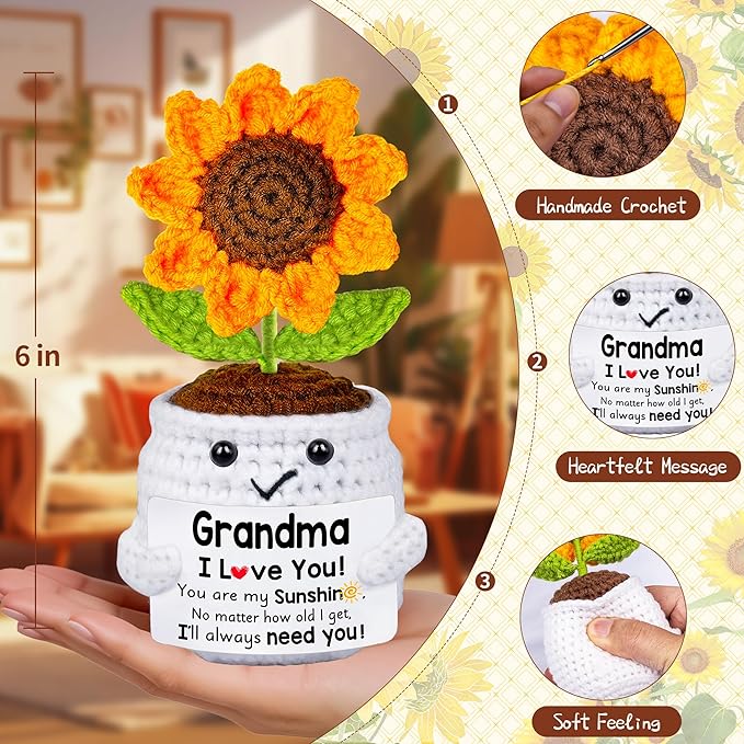 Gifts for Grandma, Grandma Gifts from Grandkids, Birthday Gift for Nana Grandmother GaGa, Mother's Day Birthday I Love You Present for Grandmother, Cute Handmade Crochet Positive Mini Sunflower Doll