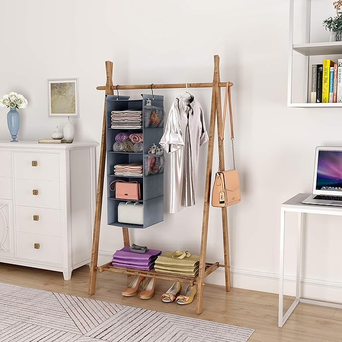 MAX Houser 5 Shelf Hanging Closet Organizer, Space Saver, Cloth Hanging Shelves with 4 Side Pockets, Foldable, Grey