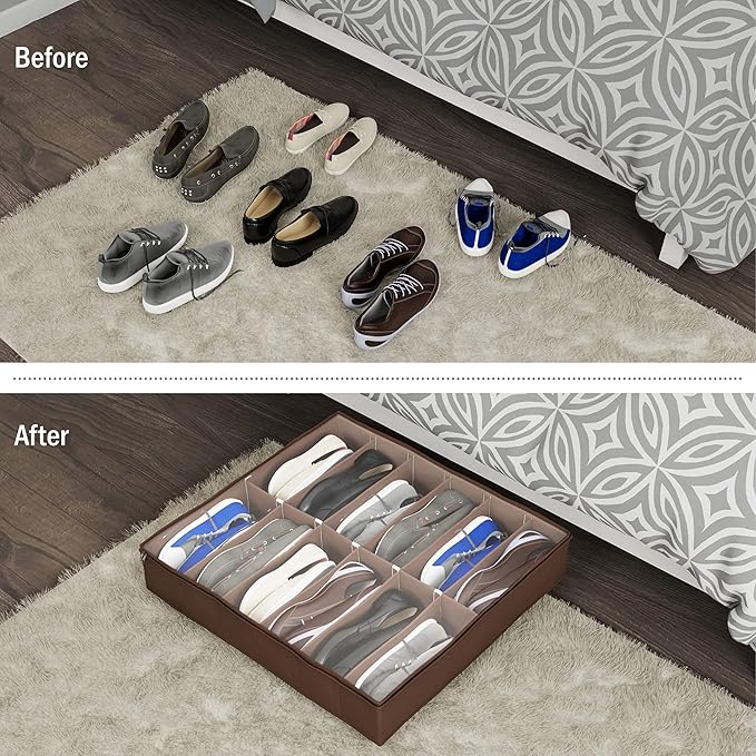 Under Bed Storage Shoe Organizer Bag with Clear Plastic Zippered Cover, Stores 12 Pairs of Shoes by Everyday Home (Brown)