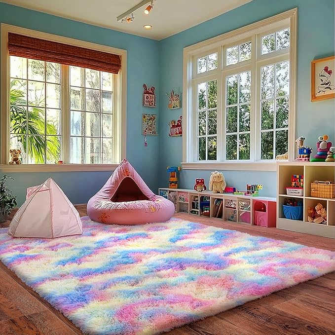 Rainbow Rug for Living Room, 6x9 Area Rug for Cute Girls Room, Bedside Indoor Floor Fluffy Shag Carpet, Plush Soft Rug for Bedroom Nursery Dorm Home Decor