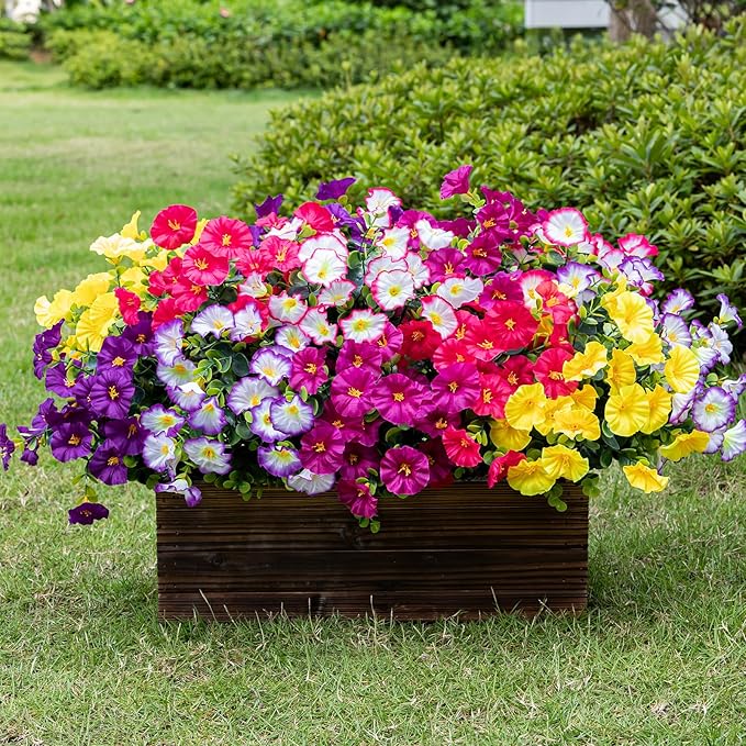 Lnoicy Artificial Flowers for Outdoor 12 Bundles Eucalyptus Fake Flowers for Planter,UV Resistant Fake Morning Glory for Home/Porch/Garden Decoration (6 Color)