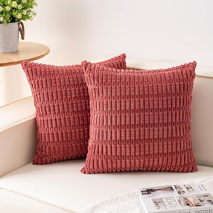 Aegero Pack of 2 Corduroy Decorative Throw Pillow Covers 22x22 Inch Soft Striped Pillow Covers Modern Farmhouse Home Decor for Sofa Living Room Couch Bed（Cranberry Red）