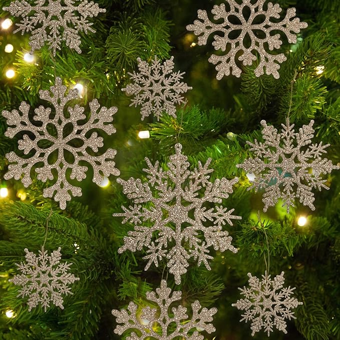 36pcs Christmas Champagne Gold Snowflake Ornaments Plastic Glitter Snow Flakes Ornaments for Winter Christmas Tree Decorations Size Varies Craft Snowflakes