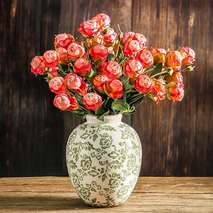 Ceramic Vintage Vase, Green Flower Decorative Vase Chinoiserie Decor Rustic Farmhouse Retro Floral Vases for Table Bookshelf Mantel Kitchen Living Room Office- 7.8inch Green