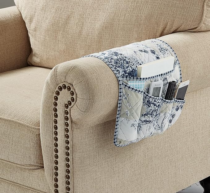 Brilliant Sunshine Blue Toile Couch Sofa Armrest 5 Pockets Organizer, Slip Resistant Recliner Armchair Caddy, Washable Remote Controls Holder, Storage for Magazine, Tablet, Phone, iPad, 35×13", Blue