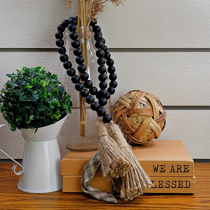Boho Wood Decorative Beads & Tassel Garland Black