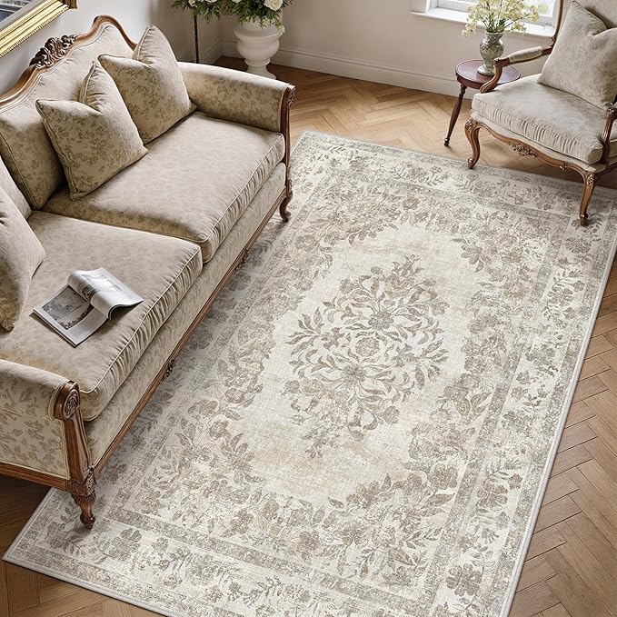 4x6 Area Rug Beige Washable Office Vintage Distressed Carpet Bedroom Indoor Medallion Floral Living Room Non Slip Retro Throw Floor Mat for Dining Room Kitchen Bathroom