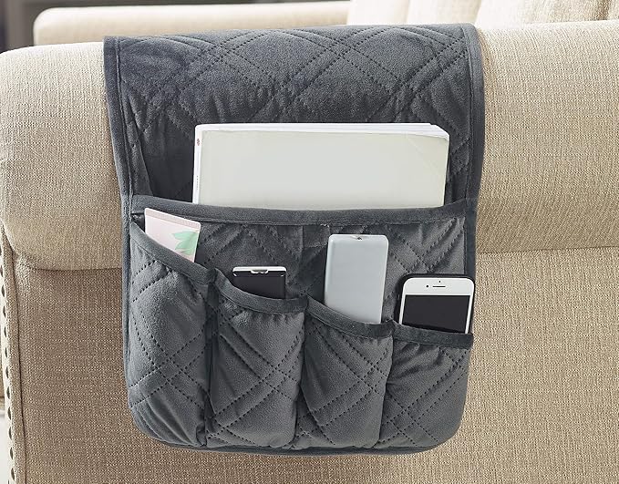 Brilliant Sunshine Grey Velvet Couch Sofa Armrest 5 Pockets Organizer, Slip Resistant Recliner Armchair Caddy, Washable Remote Controls Holder, Storage for Magazine, Tablet, Phone, iPad, 35×13", Grey
