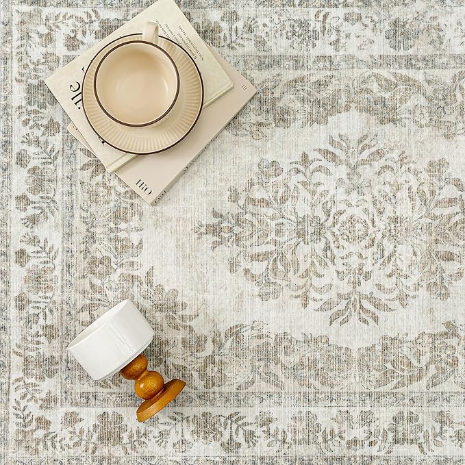 8x10 Area Rug Beige Washable Vintage Distressed Living Room Carpet Large Bedroom Indoor Medallion Floral Non Slip Retro Throw Floor Mat for Office Dining Room Kitchen Bathroom