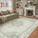 Green Area Rug 6x9 Washable Living Room Carpet Vintage Non Slip Soft Bedroom Indoor Office Retro Low Pile Thin Oriental Medallion Large Rug for Dining Room Playroom