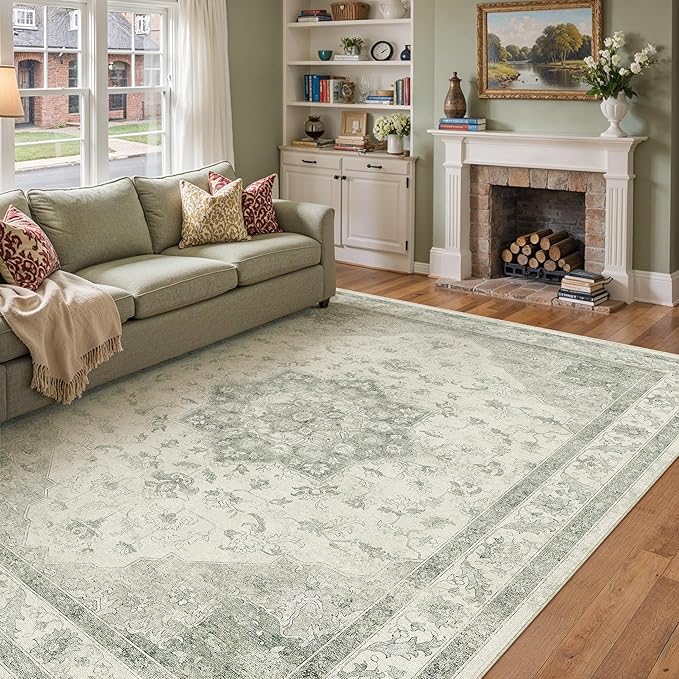 Green Area Rug 6x9 Washable Living Room Carpet Vintage Non Slip Soft Bedroom Indoor Office Retro Low Pile Thin Oriental Medallion Large Rug for Dining Room Playroom