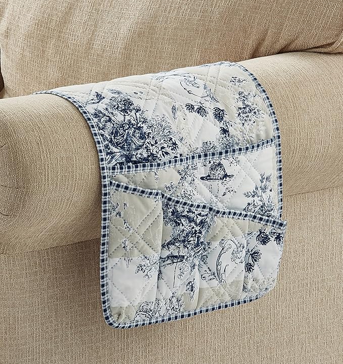 Brilliant Sunshine Blue Toile Couch Sofa Armrest 5 Pockets Organizer, Slip Resistant Recliner Armchair Caddy, Washable Remote Controls Holder, Storage for Magazine, Tablet, Phone, iPad, 35×13", Blue