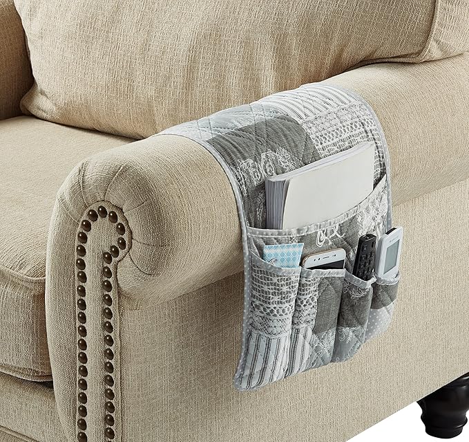 Brilliant Sunshine Grey Floral Patchwork Sofa Armrest 5 Pockets Organizer, Slip Resistant Recliner Armchair Caddy, Washable Remote Controls Holder, Storage for Magazine, Tablet, iPad, 35×13", Grey