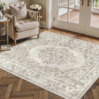 3x5 Area Rug Beige Washable Office Vintage Distressed Carpet Bedroom Indoor Medallion Floral Living Room Non Slip Retro Throw Floor Mat for Dining Room Kitchen Bathroom