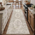 2x8 Runner Rug Beige Washable Hallway Kitchen Bedroom Vintage Distressed Bathroom Non Slip Medallion Floral Carpet Indoor Retro Throw Floor Mat for Office Dining Laundry Living Room